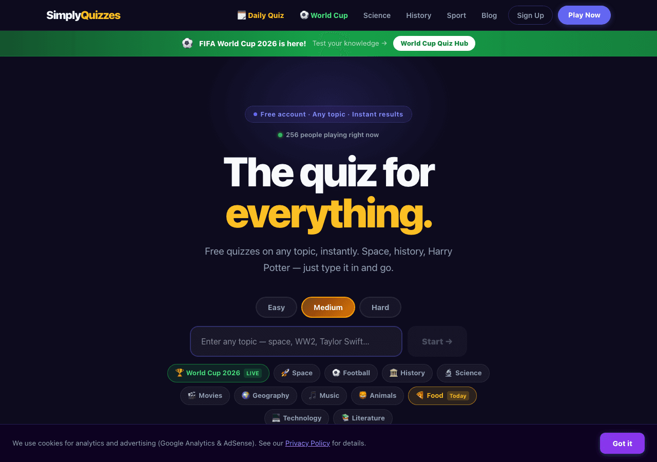 SimplyQuizzes website screenshot