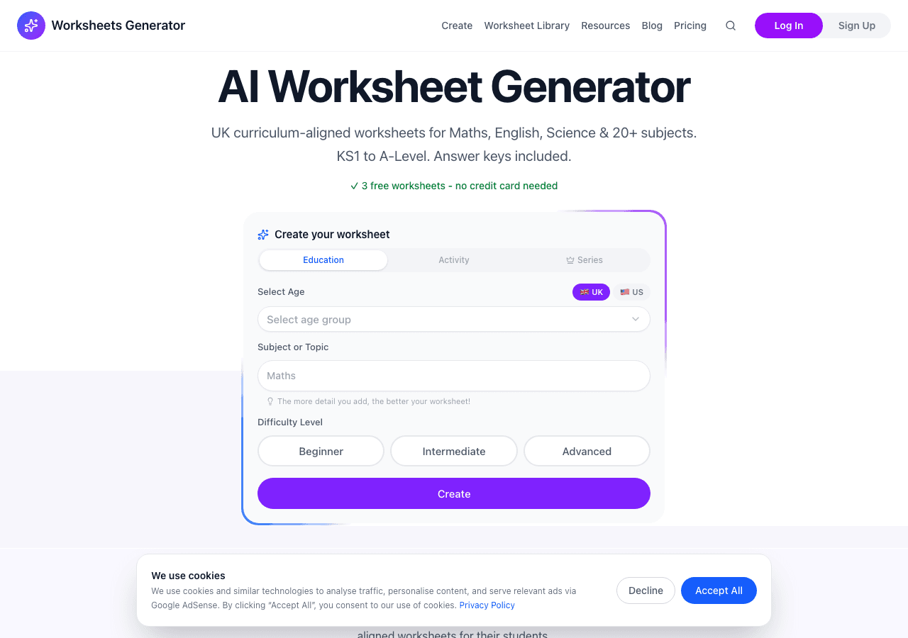 Worksheets Generator website screenshot